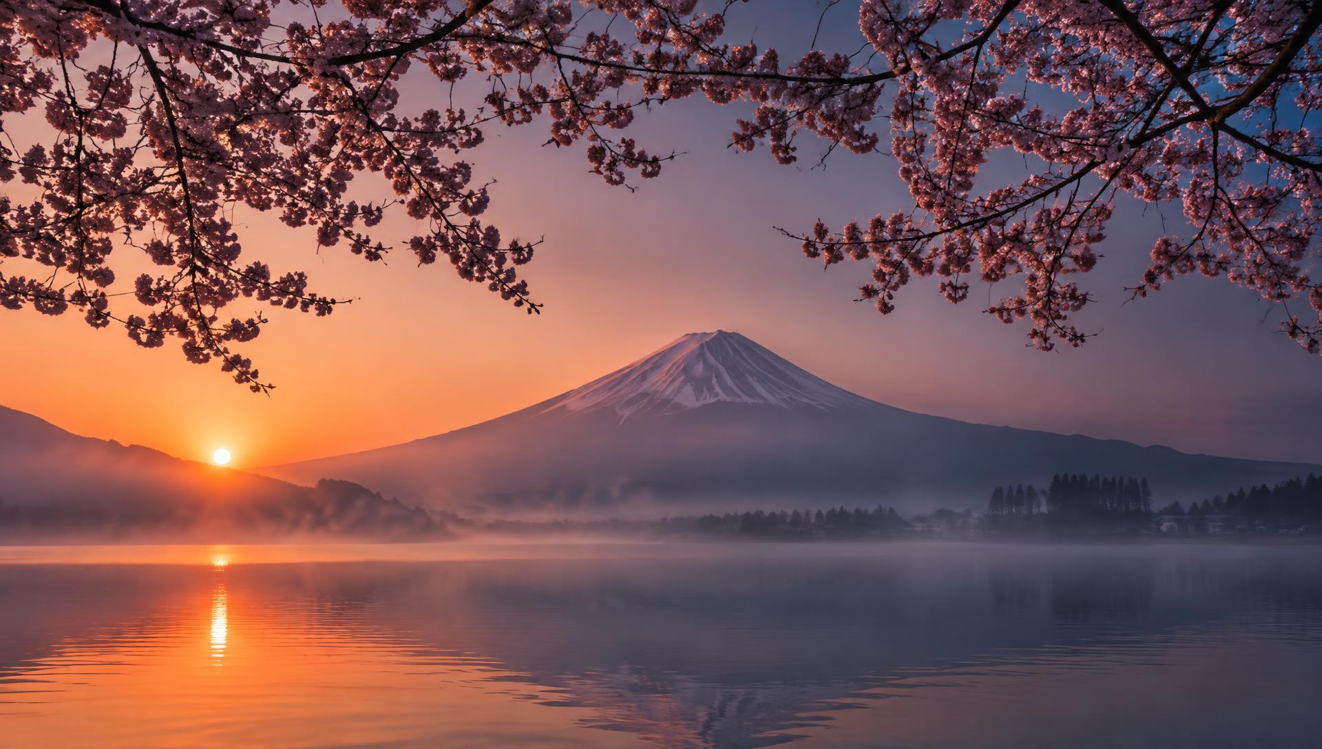 Mount Fuji at sunrise behind a lake framed by cherry blossom